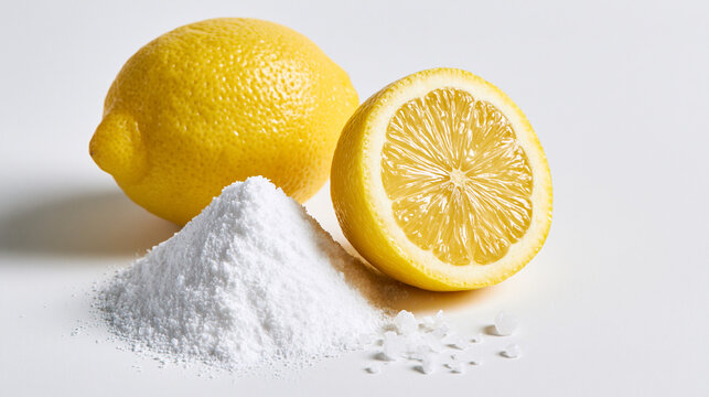 Fresh lemons and white powder isolated on white background. Useful for natural cleaning and health concepts.