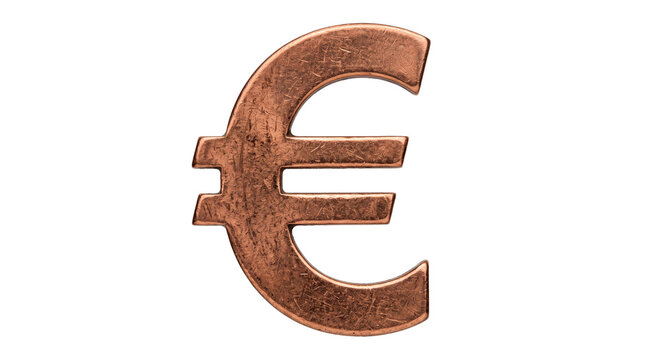 Close-up of a weathered copper euro symbol with a textured surface