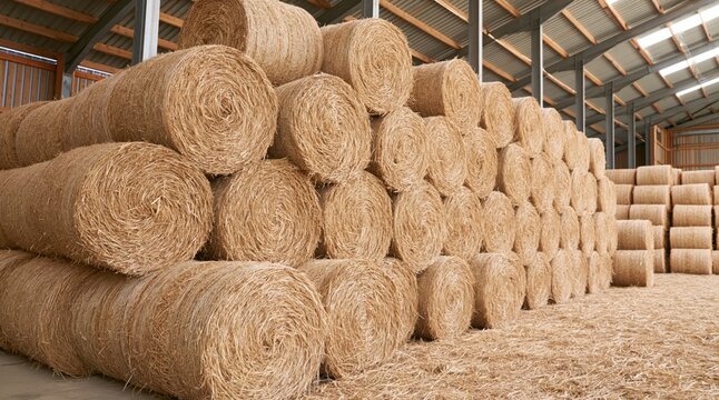 Round hay bales stacked in farm storage building