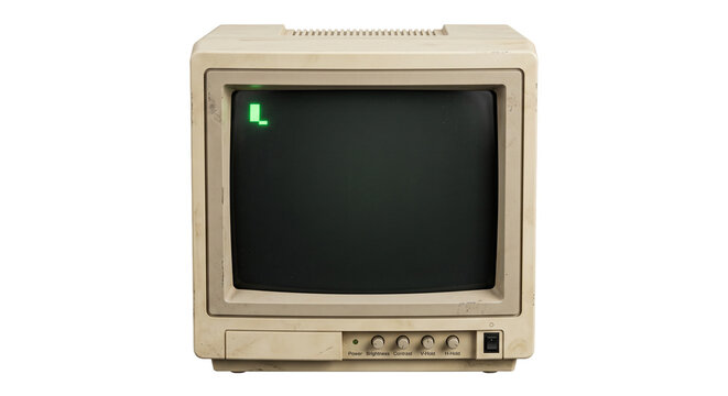 Vintage beige computer monitor with green glowing cursor on black screen