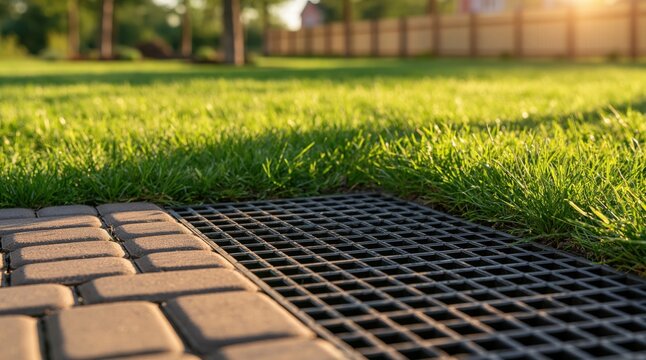 Drainage grate installed between stone paver path and green lawn at sunset