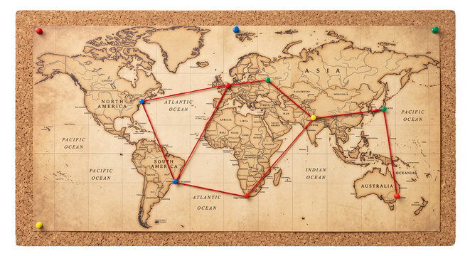 Vintage world map with pins and red string connecting global destinations