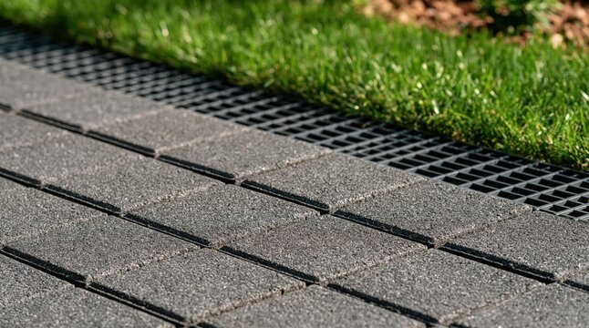 Close up of gray paving stones with drainage grate and green lawn