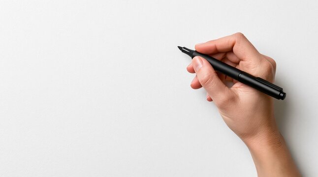 Hand holding black marker on white background with copy space