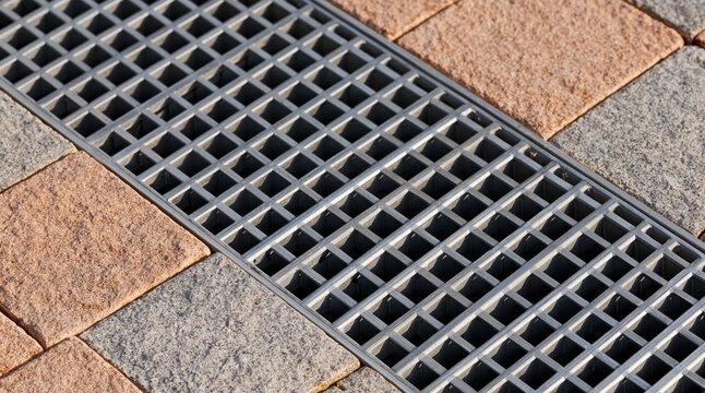 Close up of metal drainage grate on stone pavement
