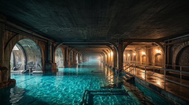 underground corridor filled with turquoise water