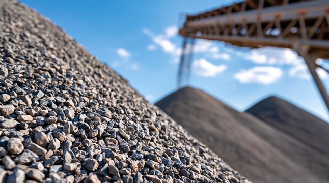 Close up of crushed gravel pile at construction site with industrial conveyor belt