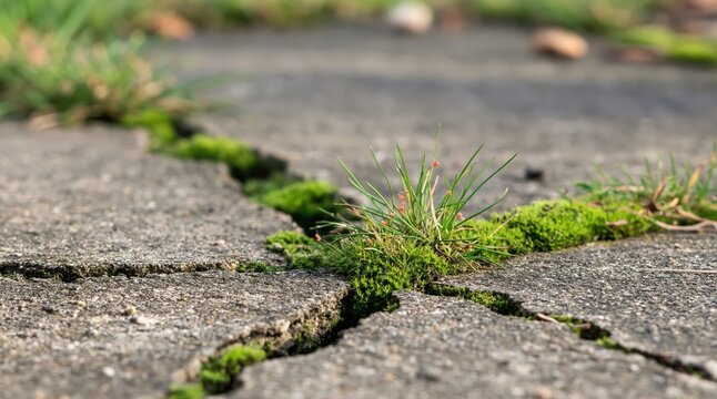 Green moss and grass sprouts growing through cracked concrete surface