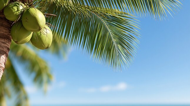 Green coconuts hanging on palm tree with blue sky background