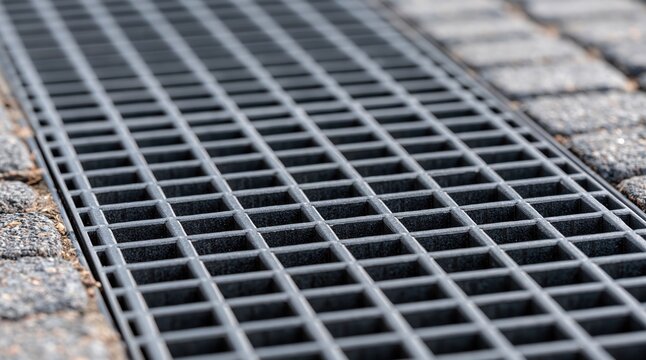 Close up of drainage grate on cobblestone street