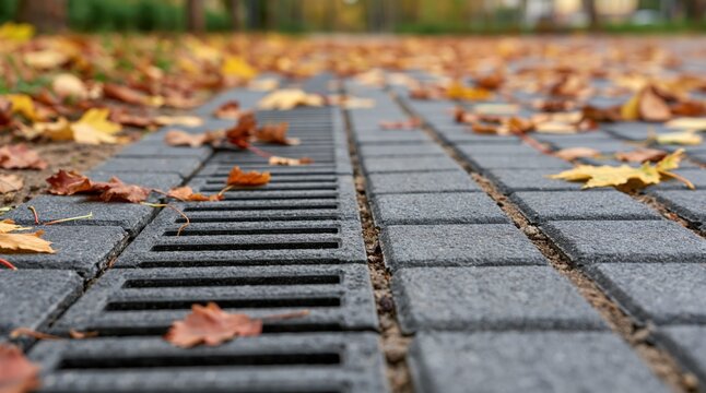 Drainage grate on paved path with fallen autumn leaves