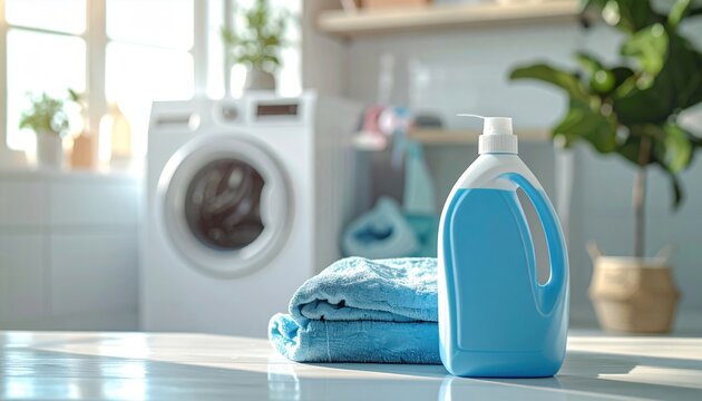 Laundry detergent bottle beside washing machine