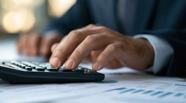 Close up of man hands using calculator with financial reports on desk