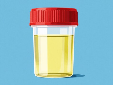 Clear specimen cup with red lid holds yellow urine sample. Medical container ready for lab test. Health check diagnostic tool for analysis. Body fluid examination.