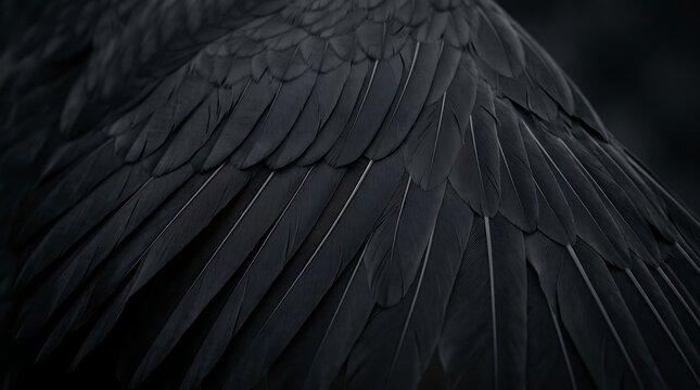 Close up view of soft black feathers on a bird wing