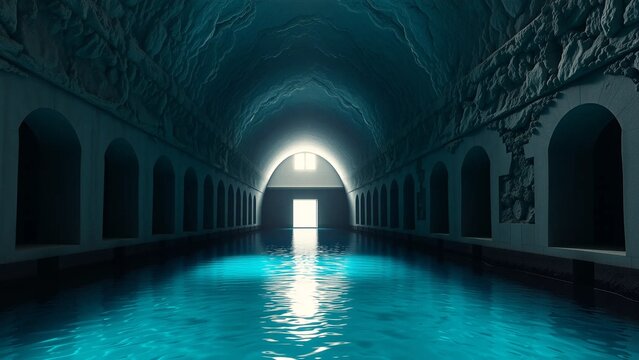 view from the entrance of a subterranean corridor flooded with turquoise water