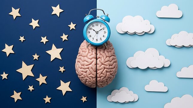 Human brain with alarm clock between day and night sky background