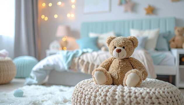 Cute teddy bear sitting on soft pouf in modern children bedroom, pastel interior, cozy nursery decoration, shallow depth of field