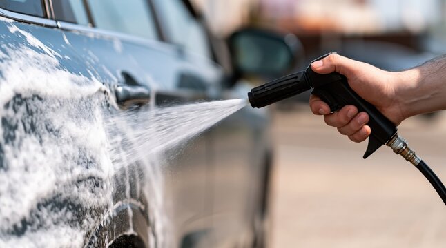 Close up of hand holding pressure washer nozzle spraying water on soapy car