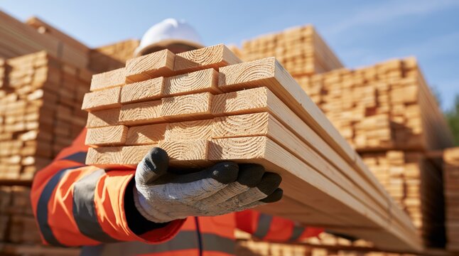 Worker holding stack of wooden planks at construction site
