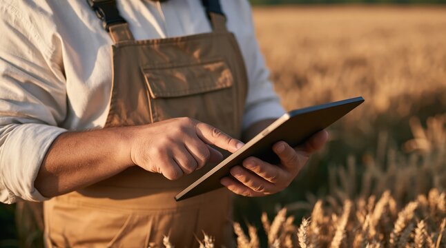 Farmer using digital tablet in golden wheat field