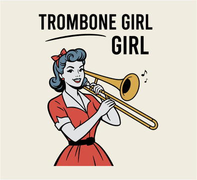 A beautiful 1950 vintage girl playing a golden brass trombone in a classic retro comic book style illustration