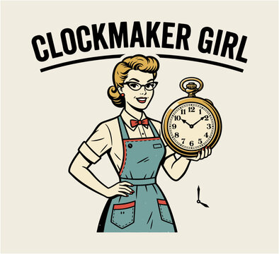 A charming vintage illustration of a 1950s clockmaker girl holding a beautiful pocket watch