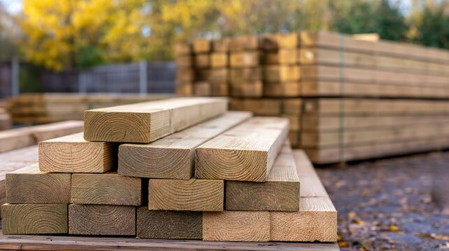 Stack of wooden planks in lumber yard