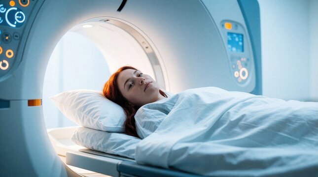 Young woman lies on CT scanner table for medical imaging scan. Patient on diagnostic test inside radiology room. Doctor uses machine for health checkup, examination.