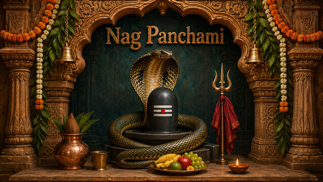 Beautiful temple shrine featuring a coiled snake over a shiv lingam alongside fresh fruits and traditional bells honoring the holy nag panchami