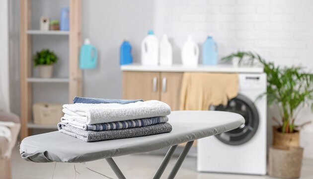 Folded clothes beside ironing board in modern laundry room