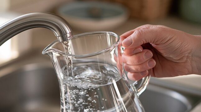 Hand filling glass pitcher with fresh water from kitchen faucet
