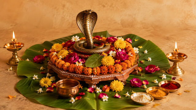 Traditional brass snake hovering above a shiv lingam placed on a green banana leaf surrounded by colorful floral arrangements for nag panchami