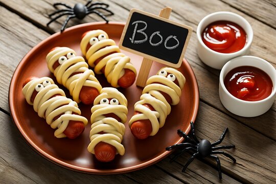 Funny halloween mummy hot dogs wrapped in pastry dough served on a plate with dipping sauces