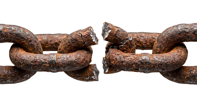 Close-up of a broken, rusty metal chain link against a stark black background