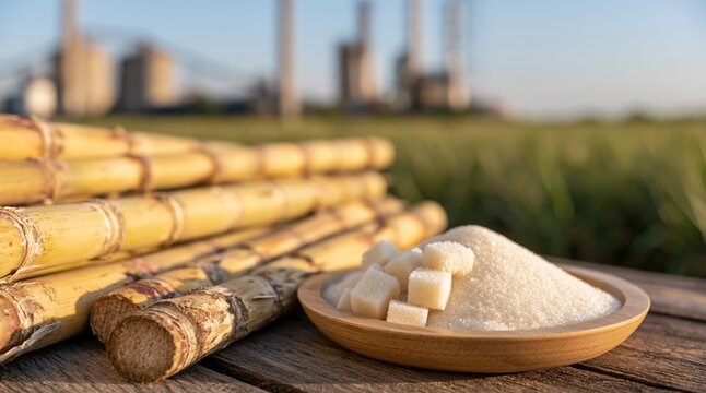 Sugarcane stalks and white sugar in wooden bowl with blurred factory background