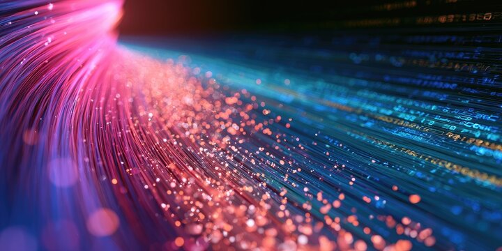 Abstract glowing fibers in pink and blue, with scattered particles