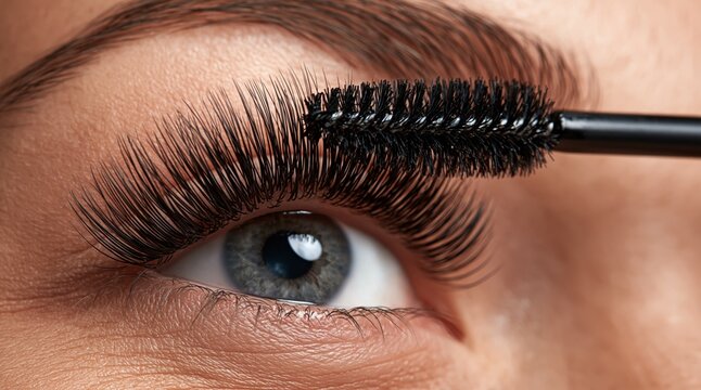 Female eye with long thick eyelashes and mascara wand