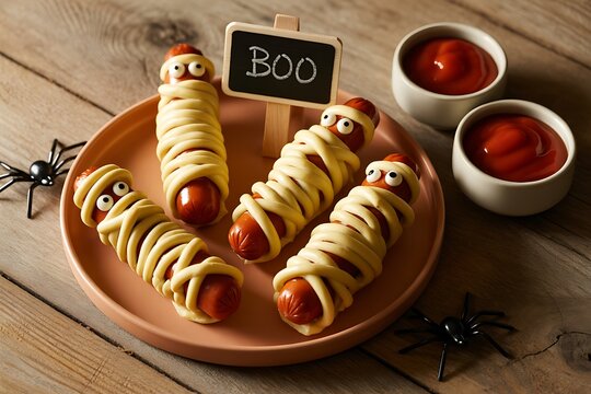 Homemade mummy hot dogs wrapped in dough for a fun and spooky halloween party food snack