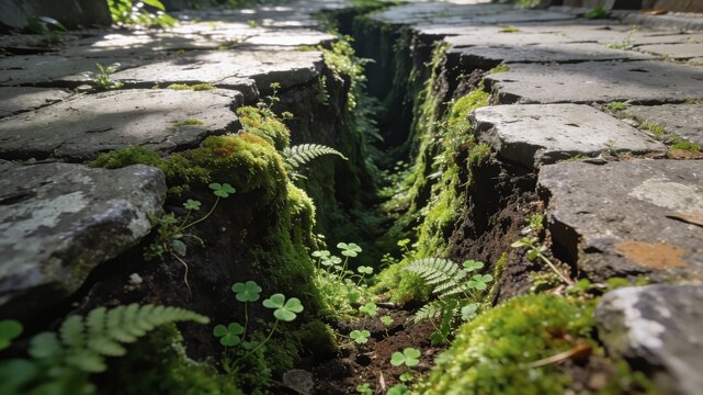 Green moss, ferns, and clover weeds growing in driveway cracks between deep stone paving slabs in warm sunlight. Nature reclaiming stone path.