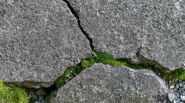 Green moss growing in cracks of weathered stone pavement