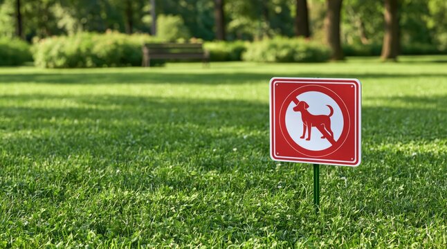Red sign with no dogs allowed symbol on green lawn in park