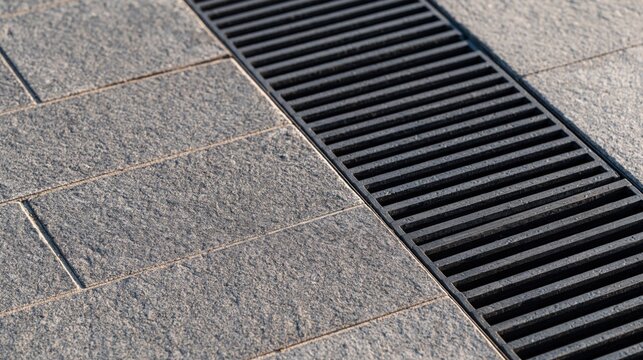 Close up of metal drainage grate in granite paving stones