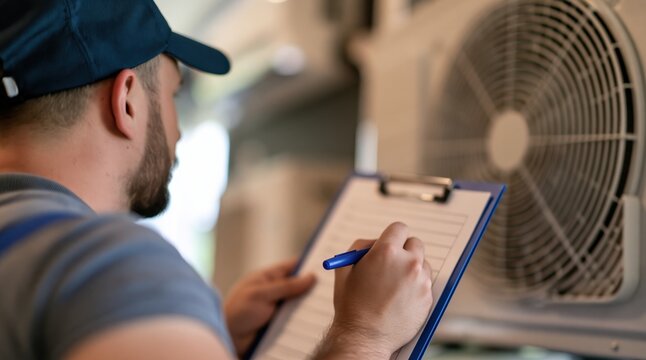 Technician filling out inspection report near air conditioning system
