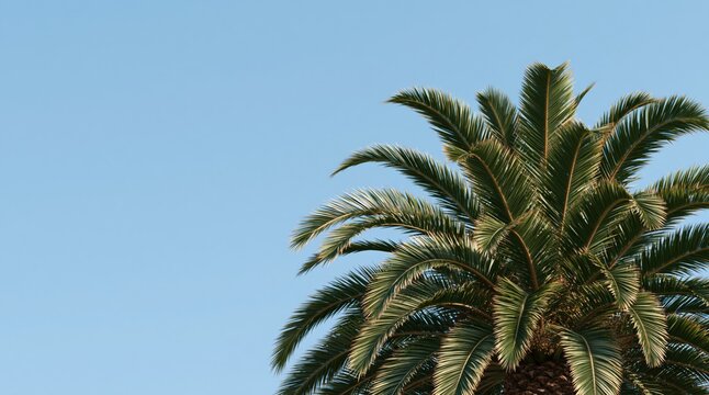 Green palm tree fronds against clear blue sky with copy space