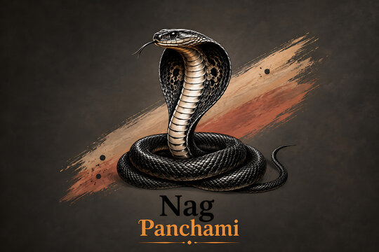 Striking illustration of a majestic black king cobra coiled gracefully against a textured background representing the beloved animal of mahadev nag panchami