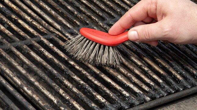 Hand cleaning dirty metal barbecue grill grate with red wire brush