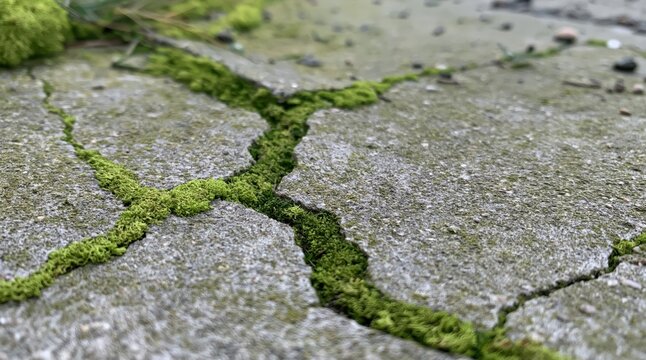Green moss growing in cracks of grey concrete pavement