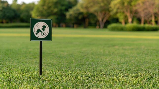 Green sign with no dog symbol on lawn in park