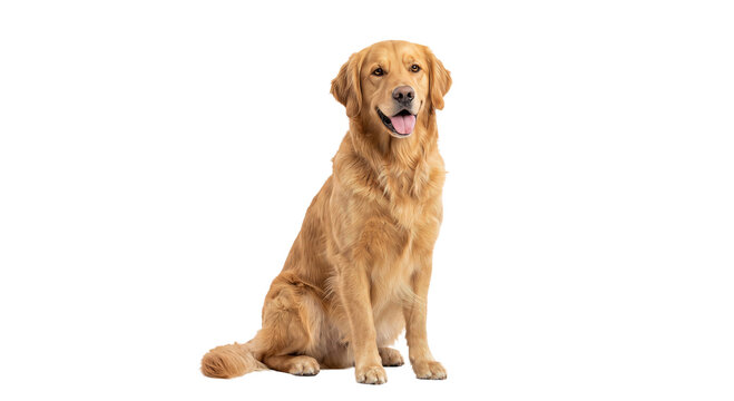 Golden Retriever dog sitting patiently with its tongue out on a white background